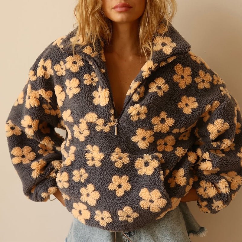 Women's Floral Teddy Fleece Half Zip Jacket