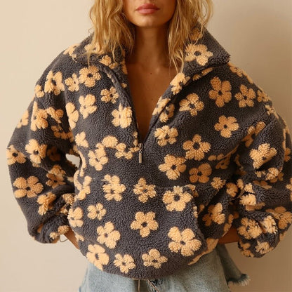 Women's Floral Teddy Fleece Half Zip Jacket