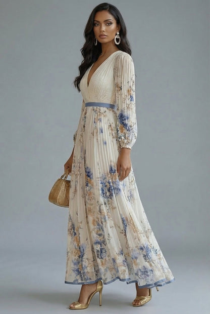 Women's Floral V Neck Long Sleeve Maxi Dress
