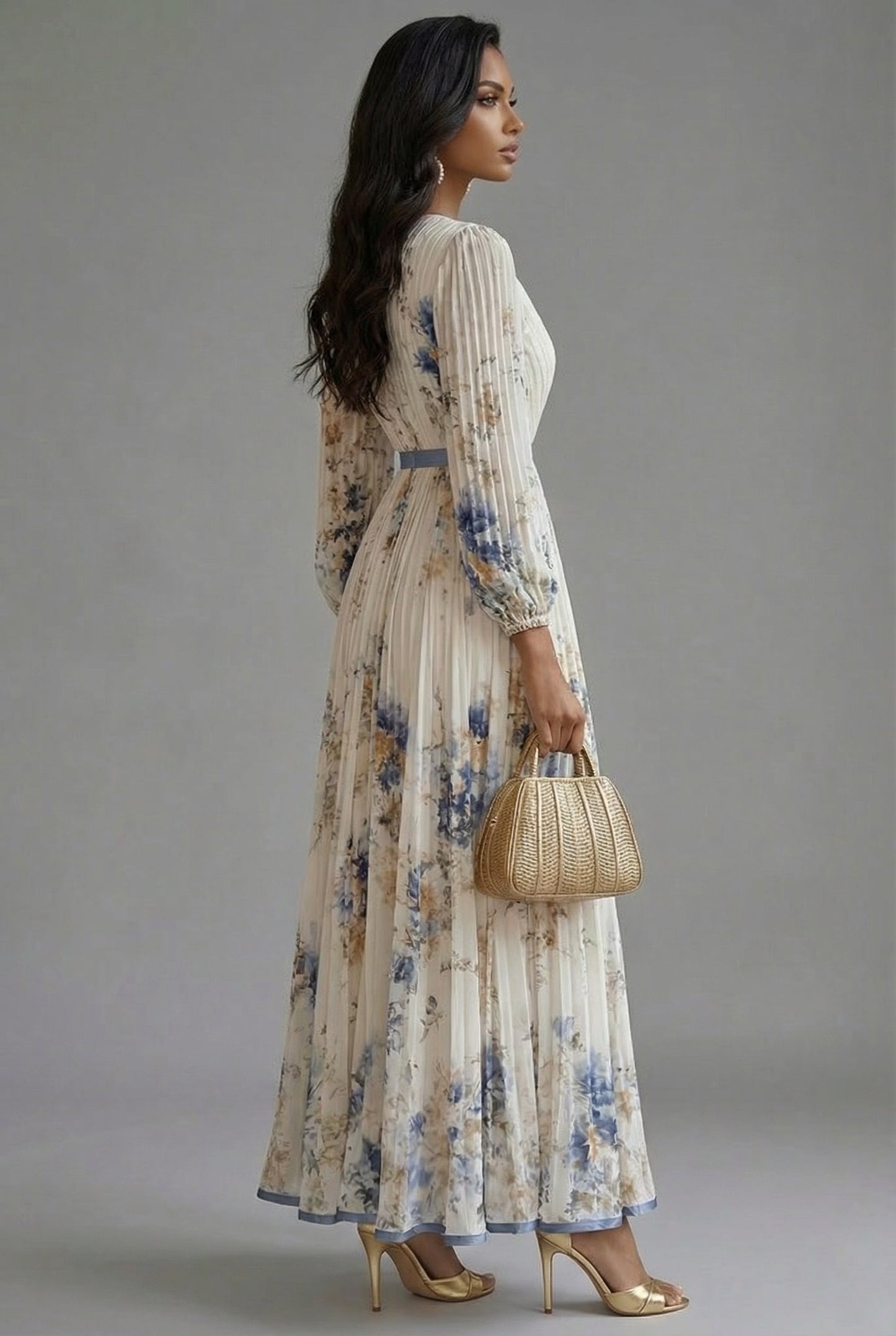 Women's Floral V Neck Long Sleeve Maxi Dress