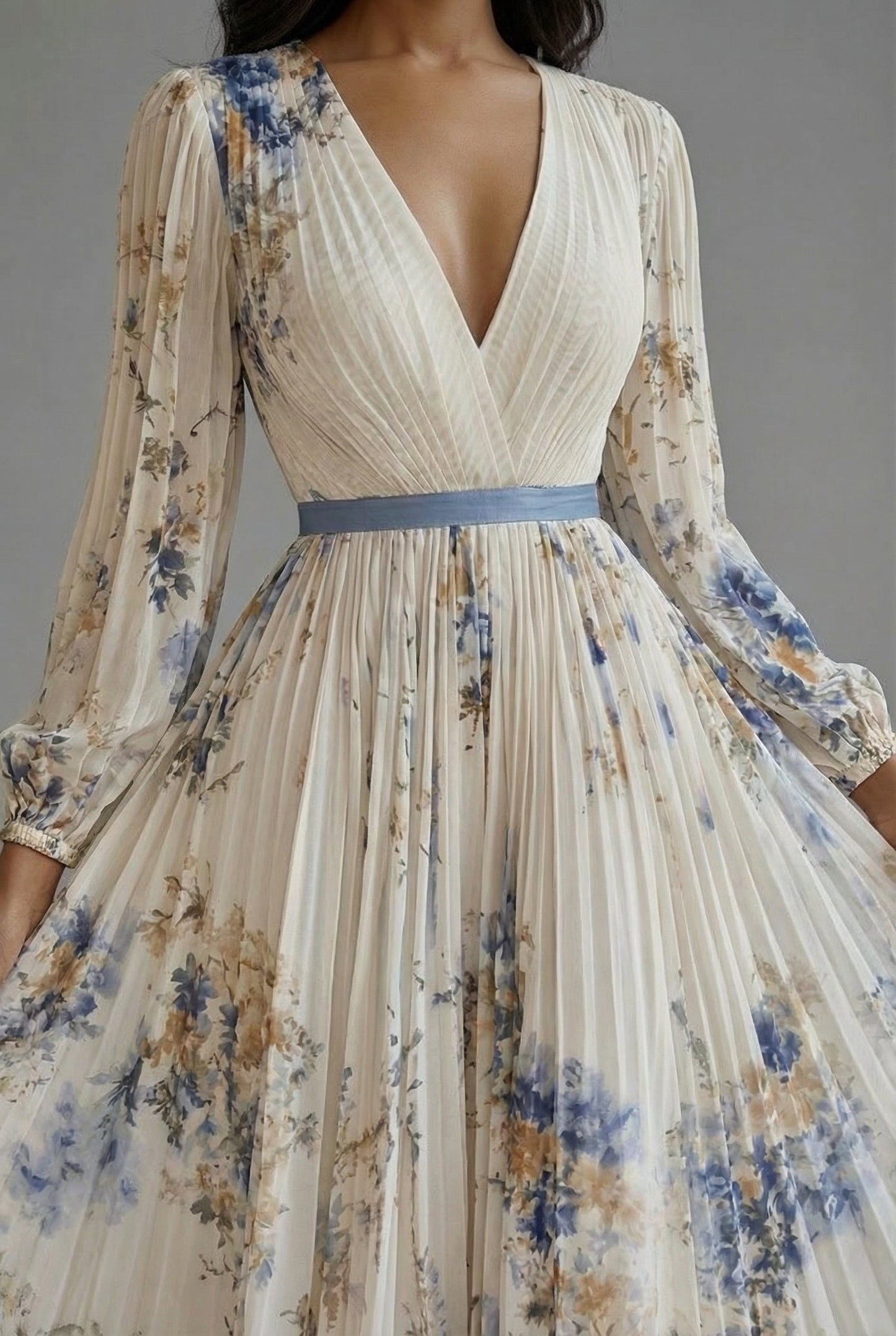 Women's Floral V Neck Long Sleeve Maxi Dress