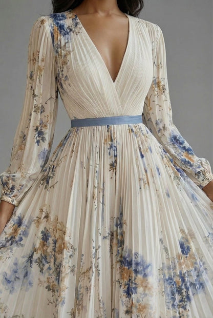 Women's Floral V Neck Long Sleeve Maxi Dress