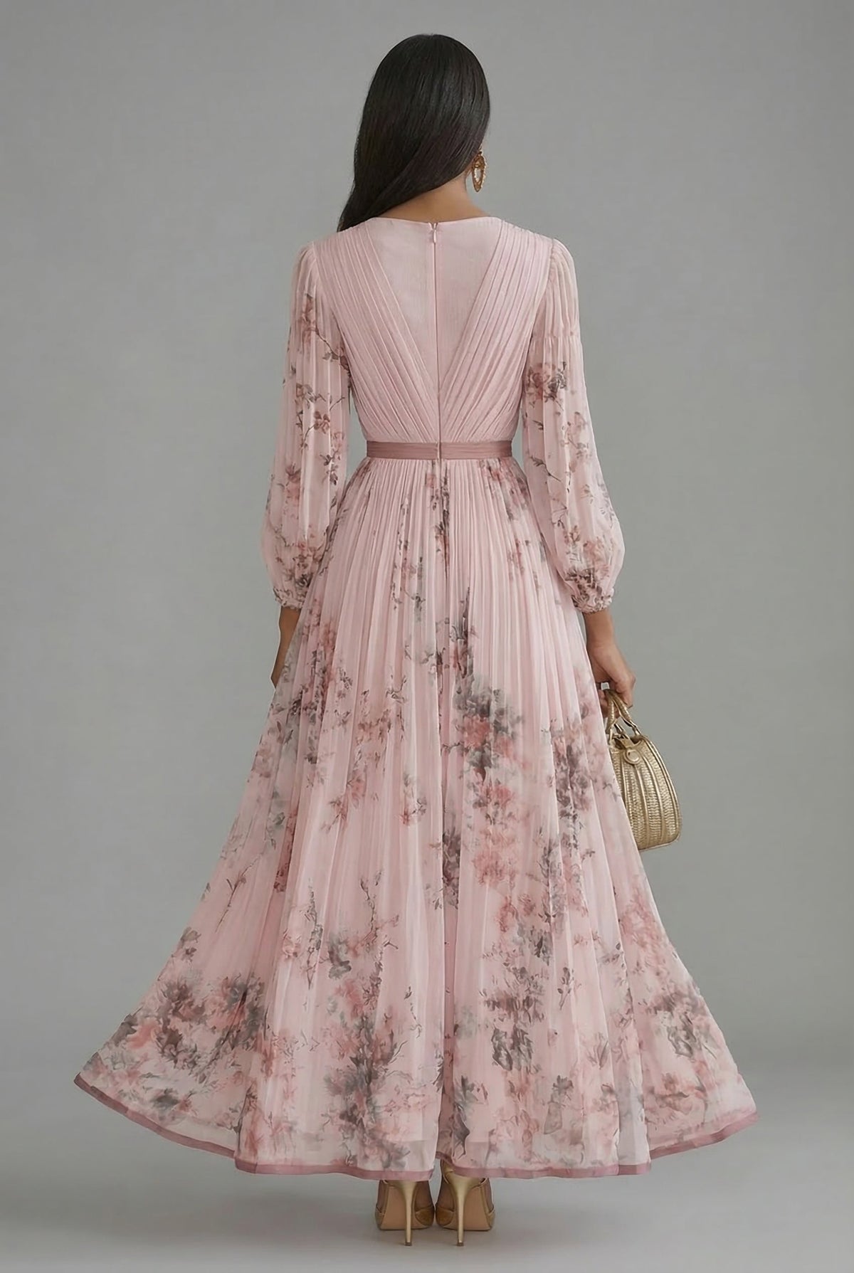Women's Floral V Neck Long Sleeve Maxi Dress