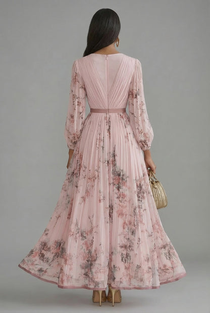 Women's Floral V Neck Long Sleeve Maxi Dress