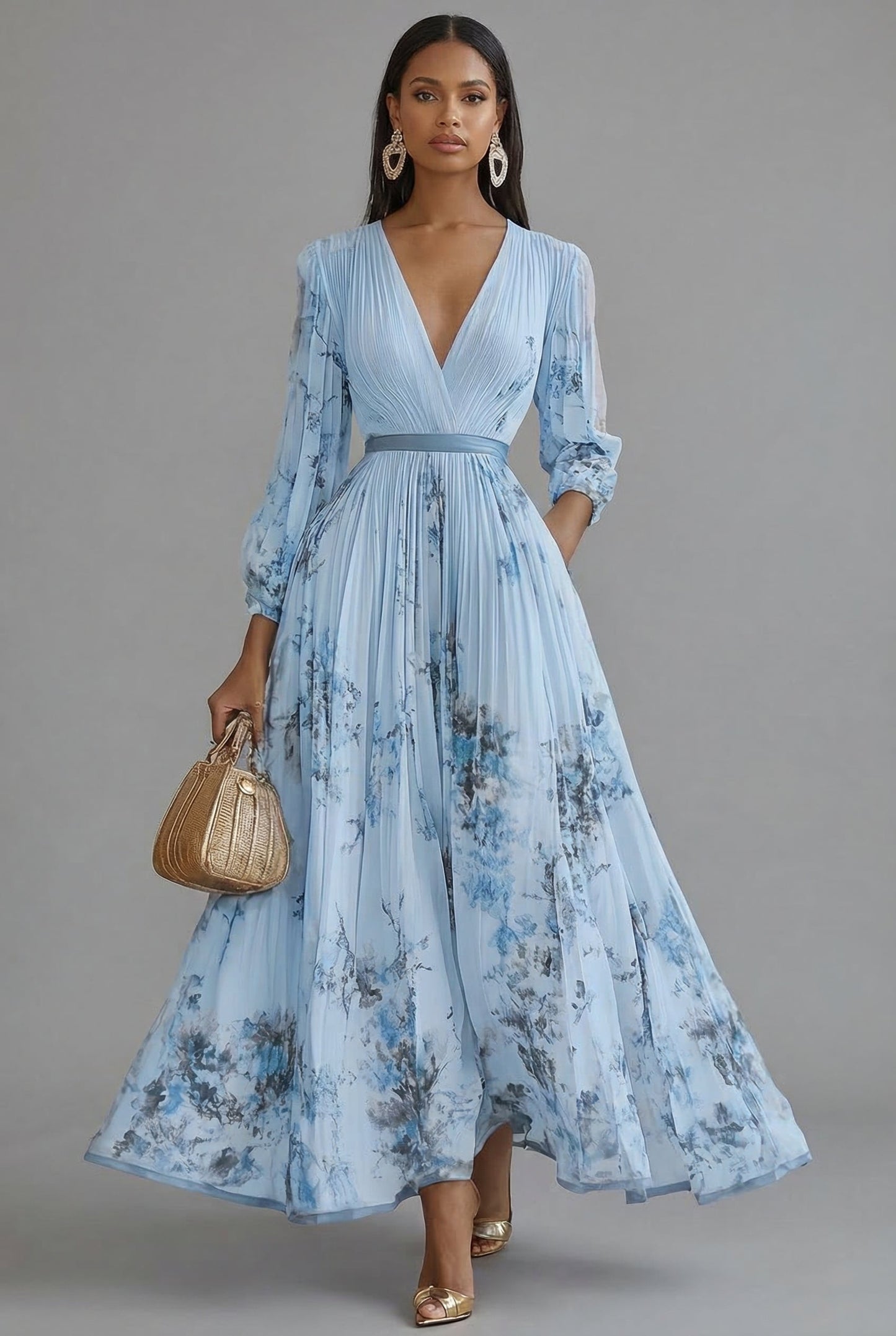 Women's Floral V Neck Long Sleeve Maxi Dress