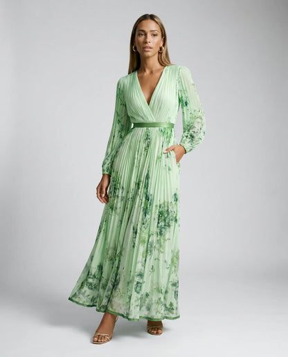 Women’s Floral V Neck Pleated Maxi Dress