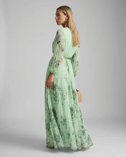 Women’s Floral V Neck Pleated Maxi Dress