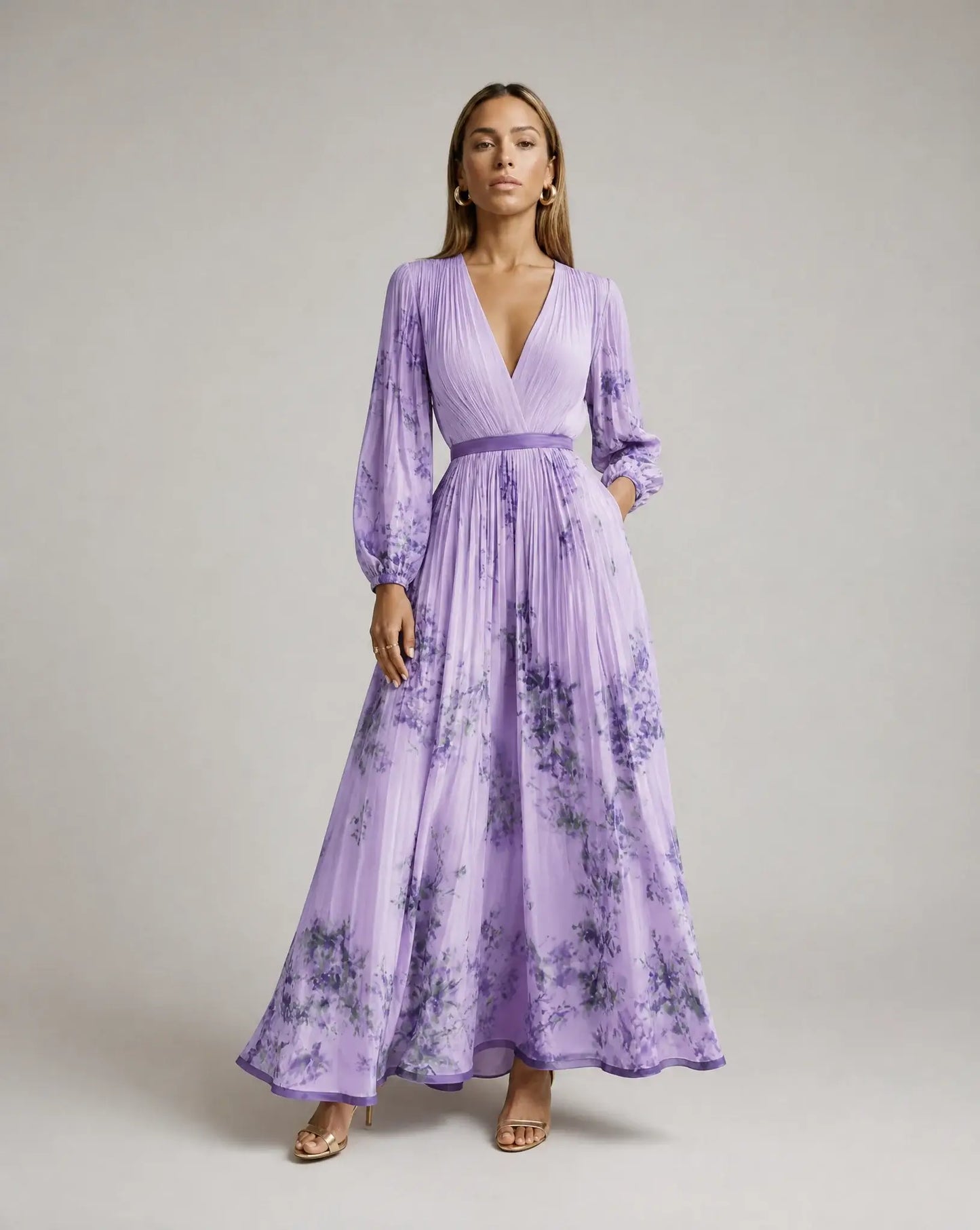 Women’s Floral V Neck Pleated Maxi Dress