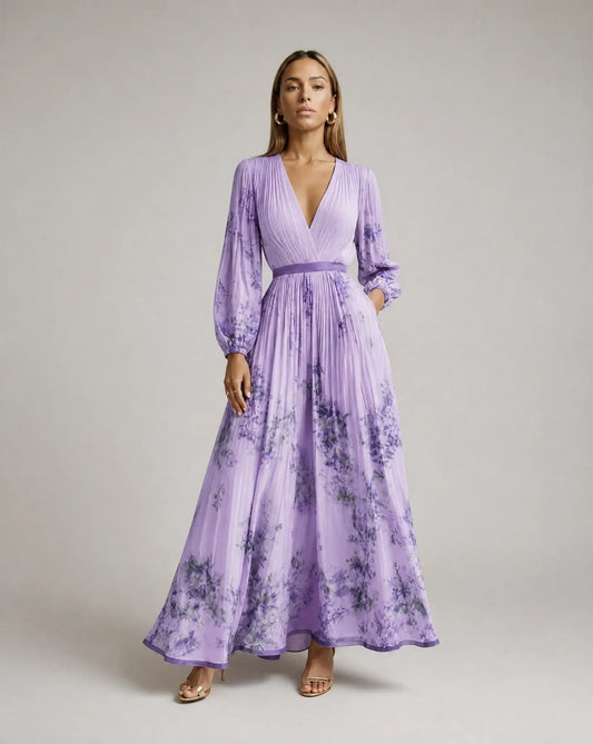 Women’s Floral V Neck Pleated Maxi Dress