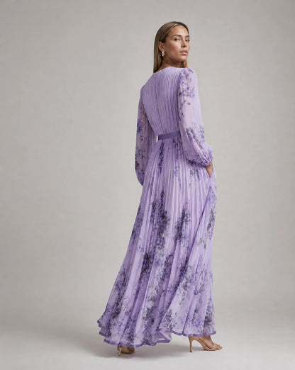 Women’s Floral V Neck Pleated Maxi Dress