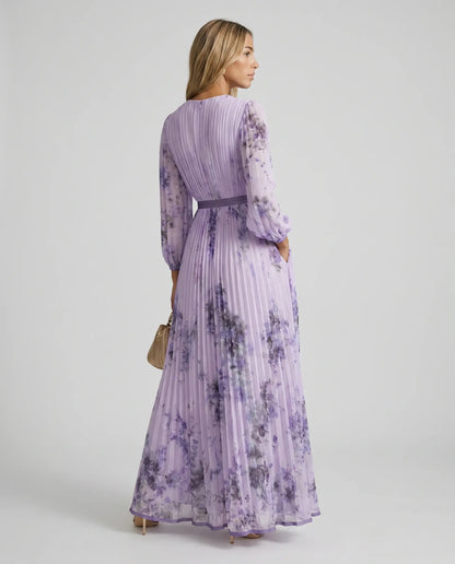 Women’s Floral V Neck Pleated Maxi Dress