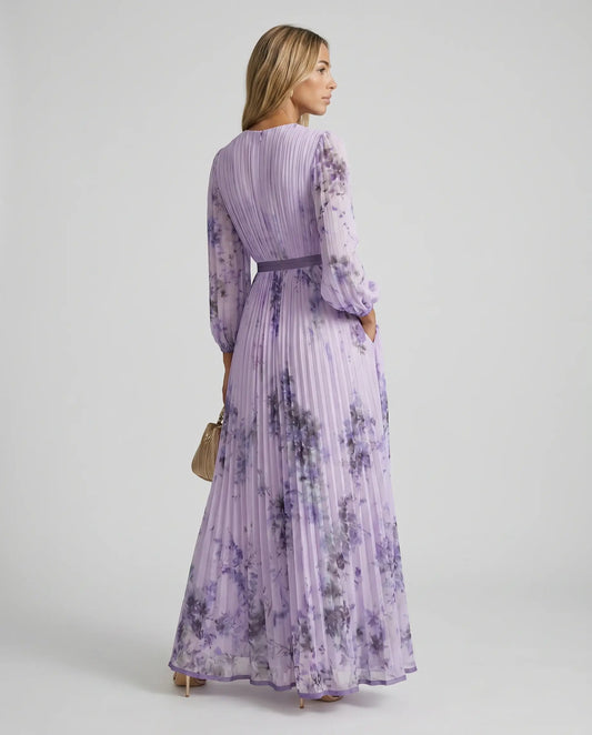Women’s Floral V Neck Pleated Maxi Dress