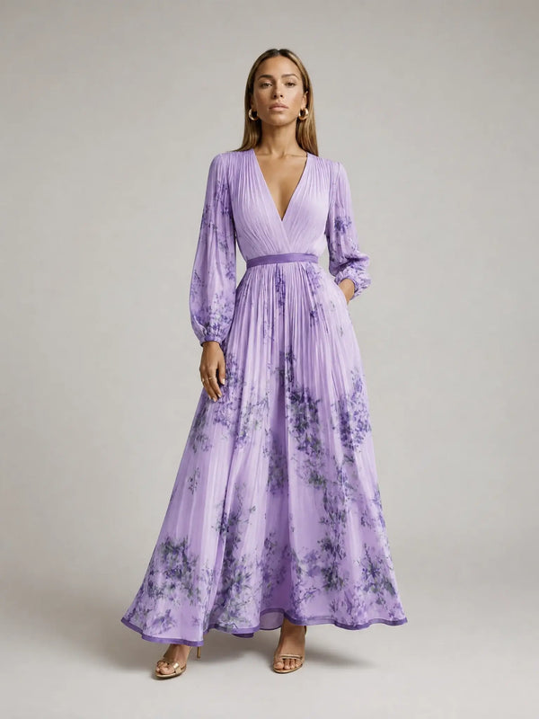 Women’s Floral V Neck Pleated Maxi Dress