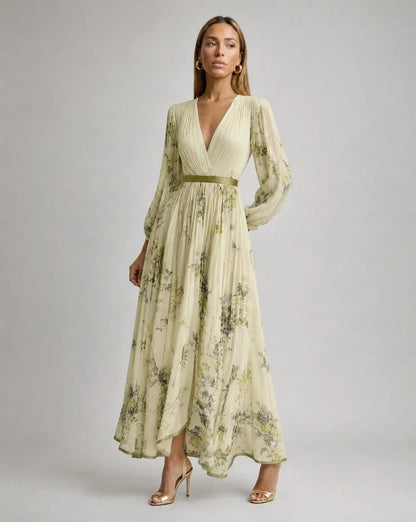 Women’s Floral V Neck Pleated Maxi Dress
