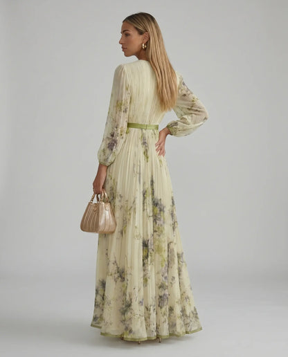 Women’s Floral V Neck Pleated Maxi Dress