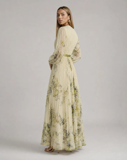 Women’s Floral V Neck Pleated Maxi Dress