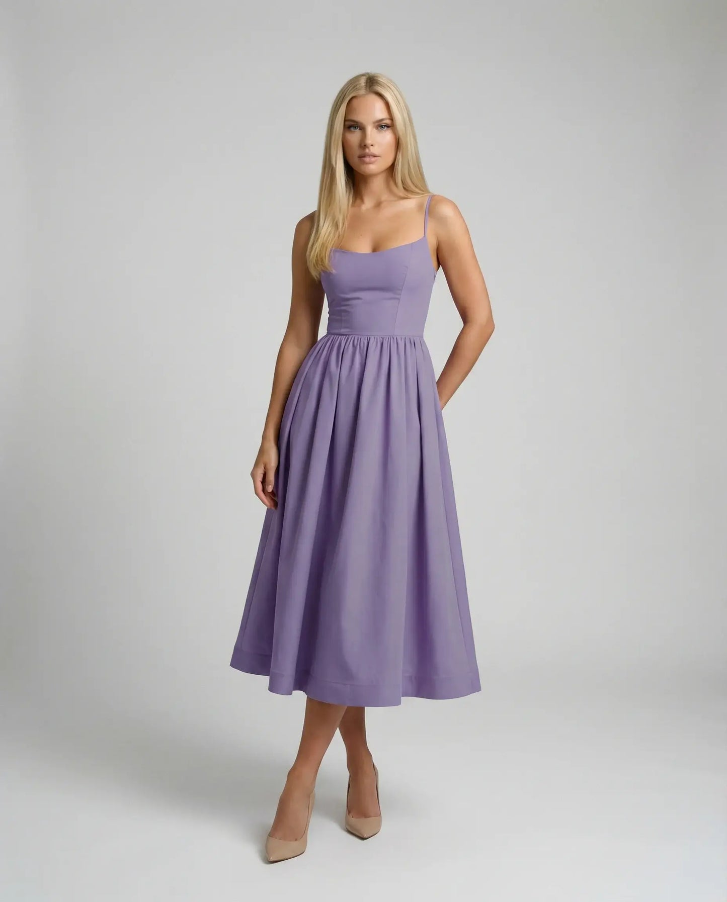 Lilac flowy midi dress by Ilynora, front view with lightweight fabric and elegant drape