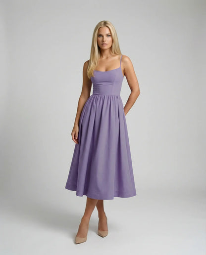 Lilac flowy midi dress by Ilynora, front view with lightweight fabric and elegant drape