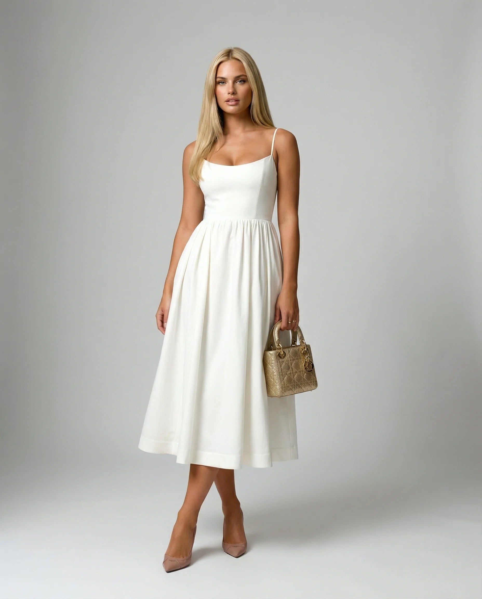 White flowy midi dress by Ilynora, front view with lightweight fabric and elegant movement
