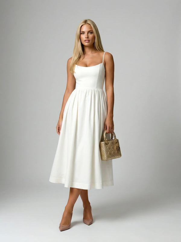 White flowy midi dress by Ilynora, front view with lightweight fabric and elegant movement