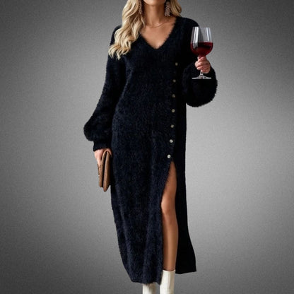 Women's Fluffy Maxi Jumper Dress with V Neck and Button Side Slit