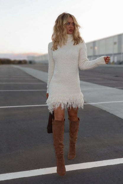 Women's Fuzzy Turtleneck Fringe Hem Mini Dress