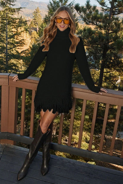 Women's Fuzzy Turtleneck Fringe Hem Mini Dress