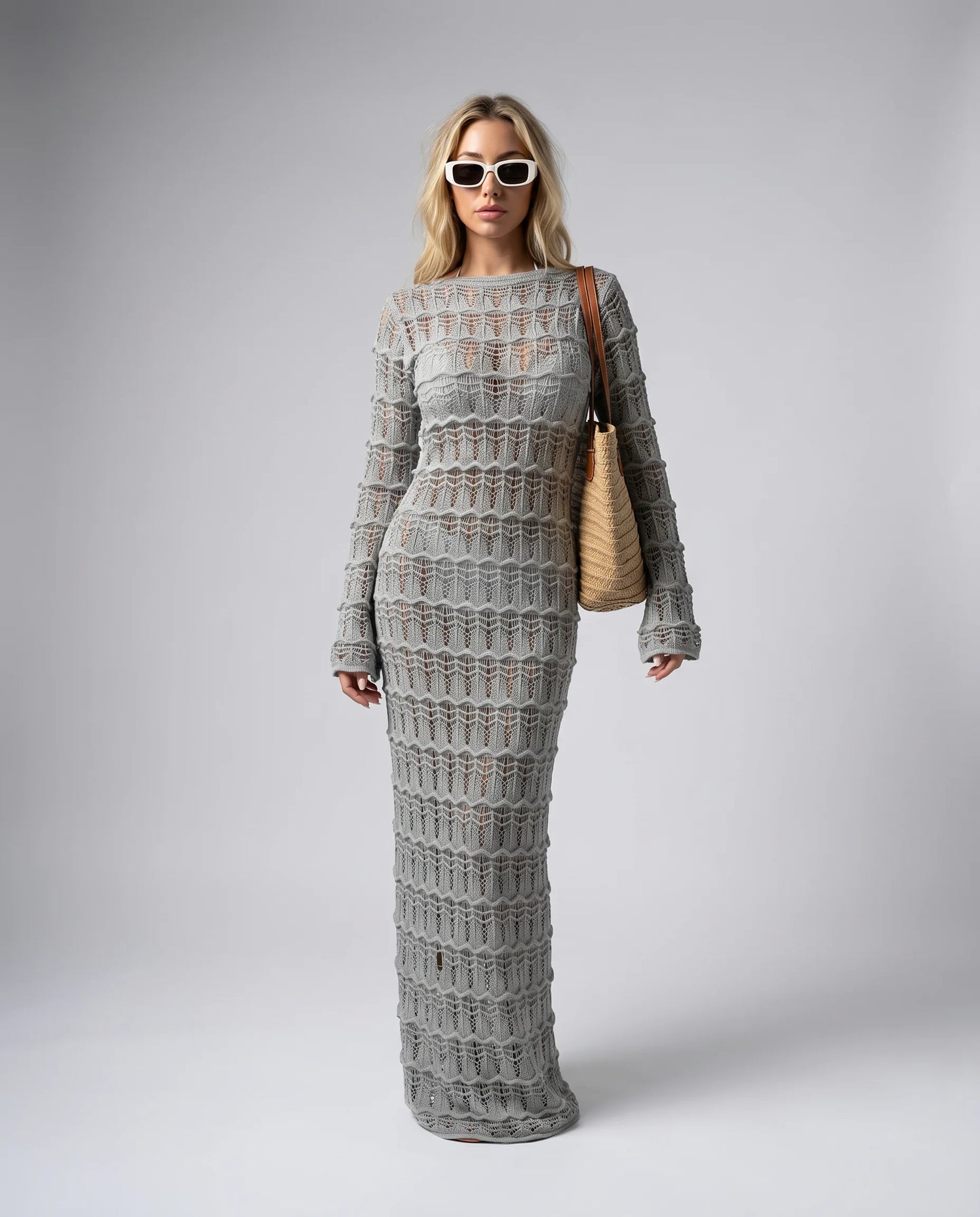 Women's grey crochet maxi cover up dress with long sleeves, button front and breathable semi sheer knit by ILYNORA