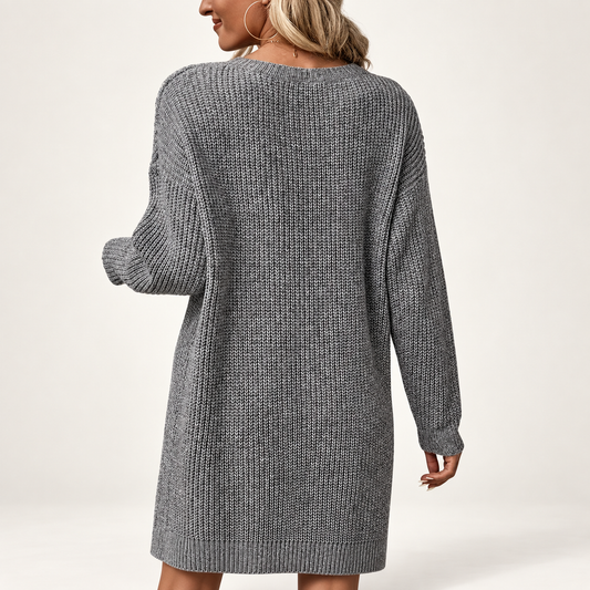Women's Grey Ribbed Knit Long Sleeve Midi Jumper Dress