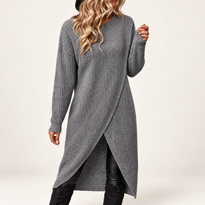 Women's Grey Ribbed Knit Long Sleeve Midi Jumper Dress