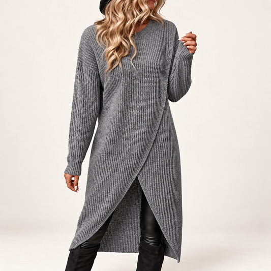 Women's Grey Ribbed Knit Long Sleeve Midi Jumper Dress