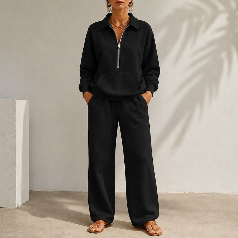 Women's Half Zip Top and Wide Leg Trouser Lounge Co Ord Set