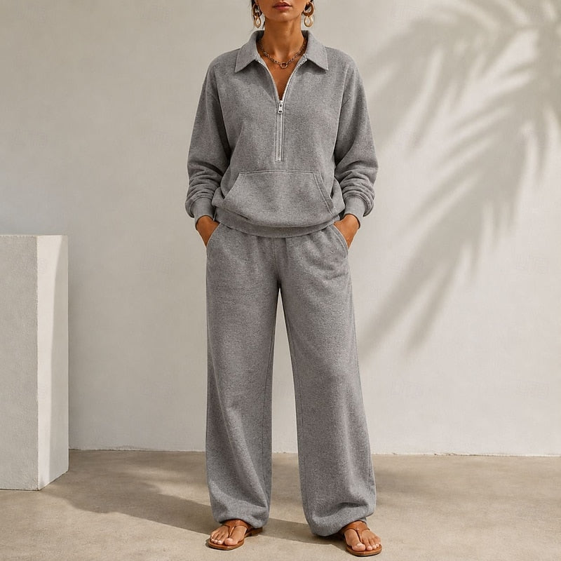 Women's Half Zip Top and Wide Leg Trouser Lounge Co Ord Set