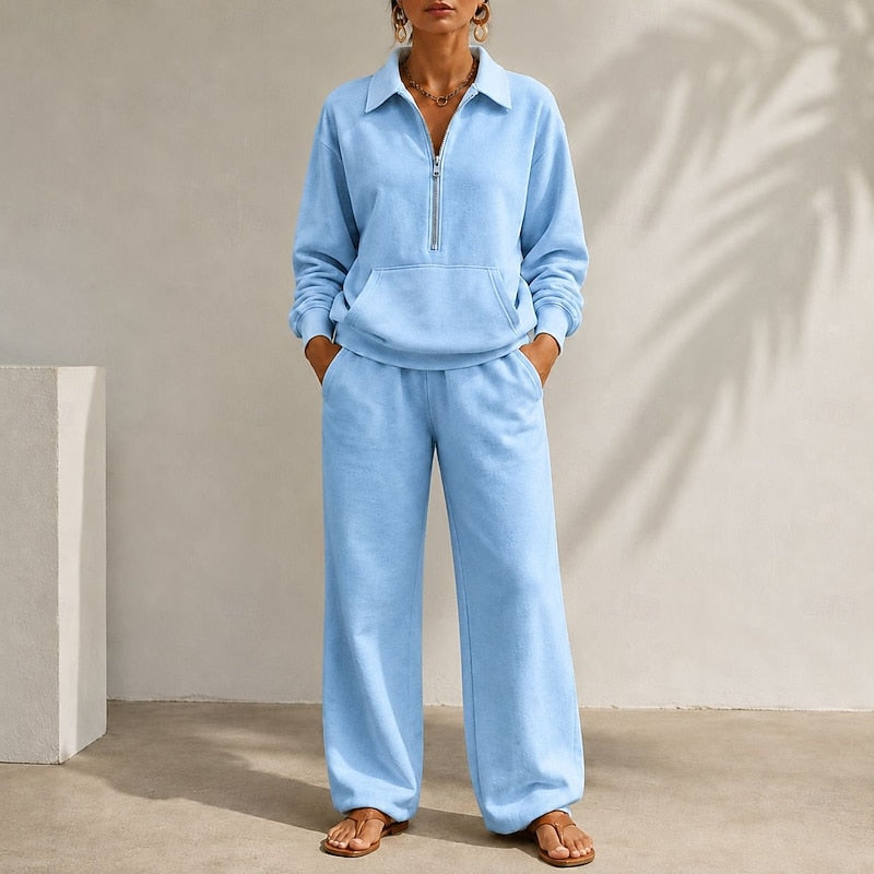Women's Half Zip Top and Wide Leg Trouser Lounge Co Ord Set