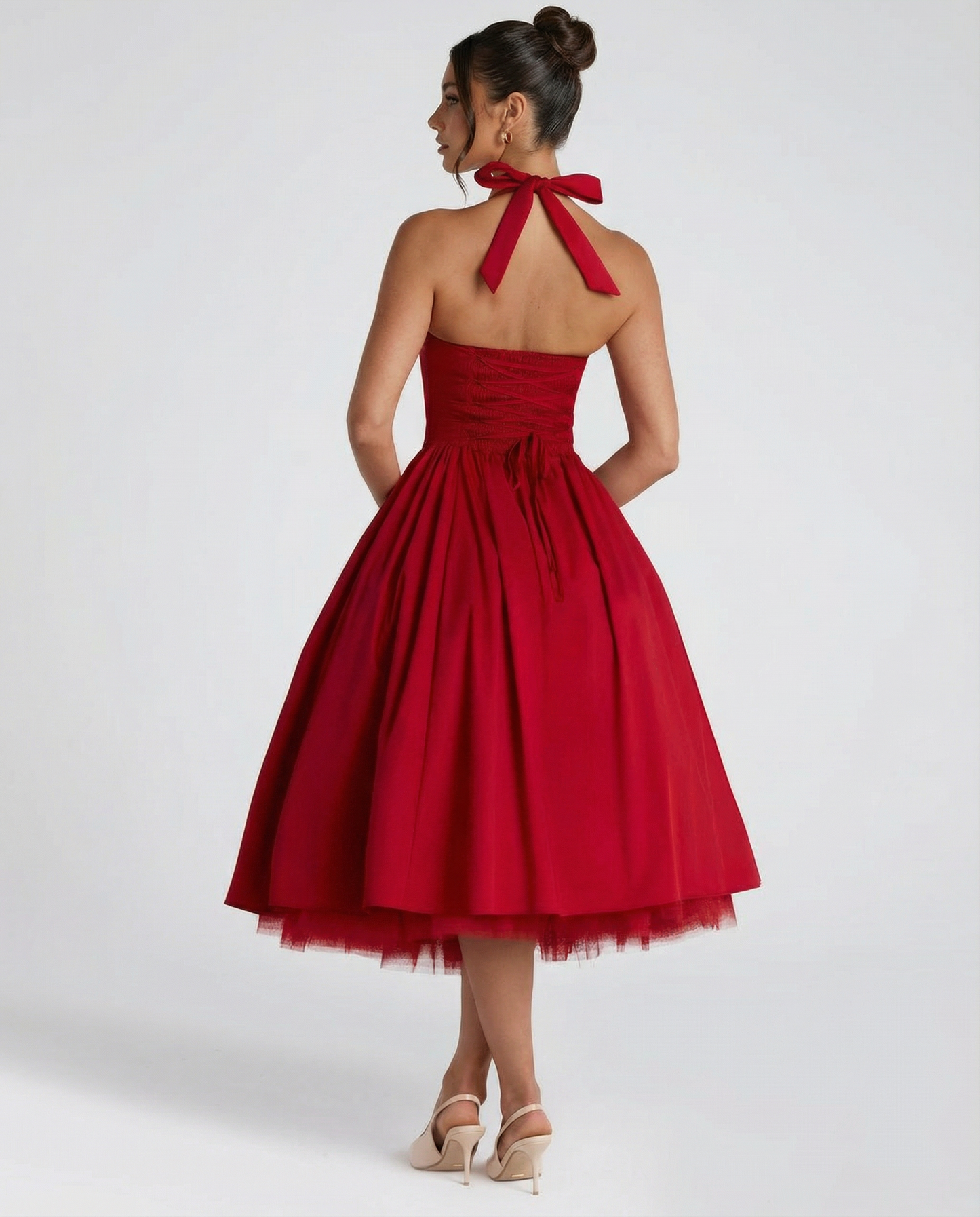 Women's Halter Neck Lace-Up Back Midi Dress