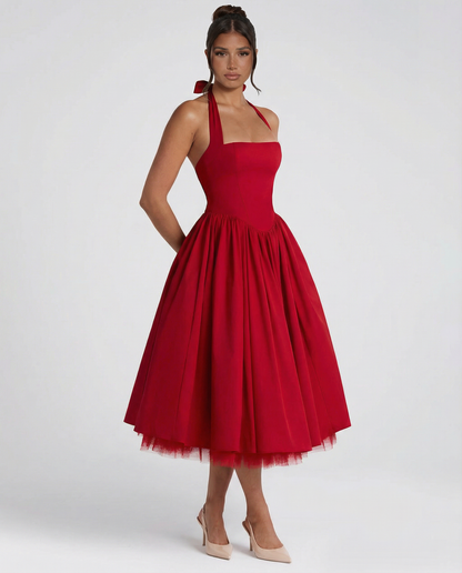 Women's Halter Neck Lace-Up Back Midi Dress