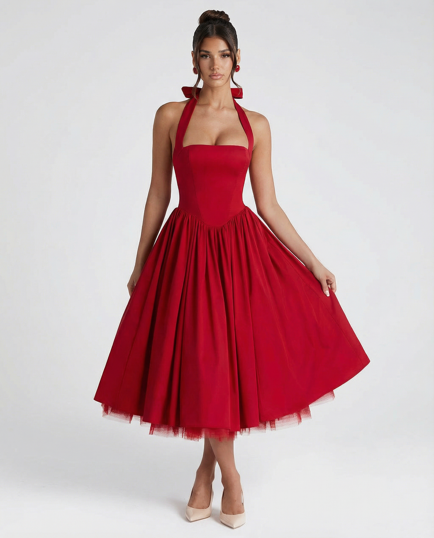 Women's Halter Neck Lace-Up Back Midi Dress