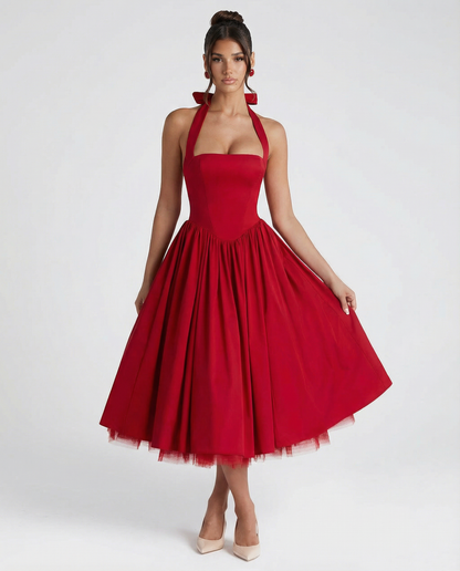 Women's Halter Neck Lace-Up Back Midi Dress