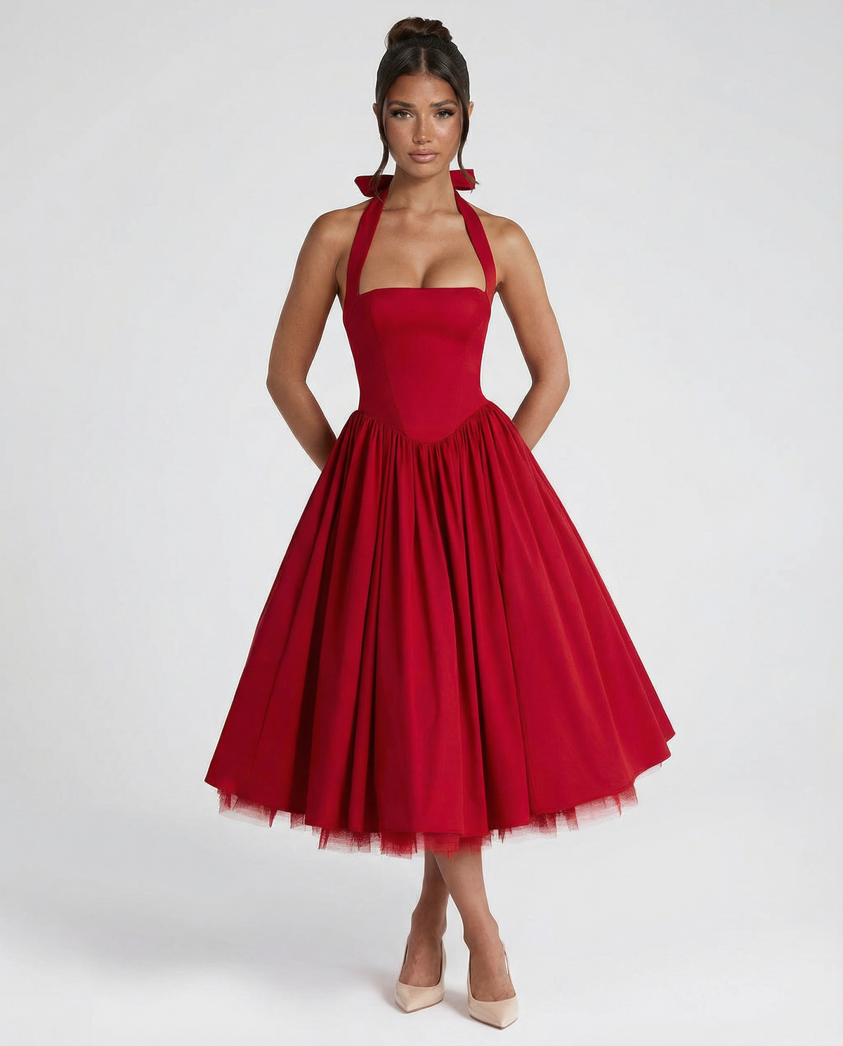 Women's Halter Neck Lace-Up Back Midi Dress
