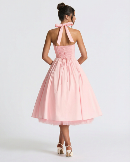 Women's Halter Neck Lace-Up Back Midi Dress