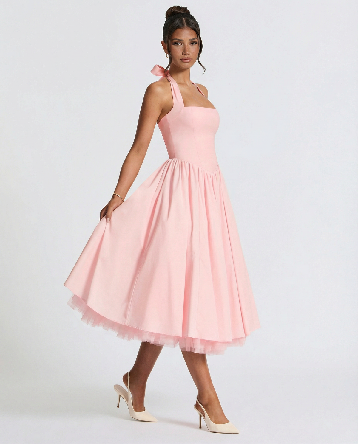 Women's Halter Neck Lace-Up Back Midi Dress