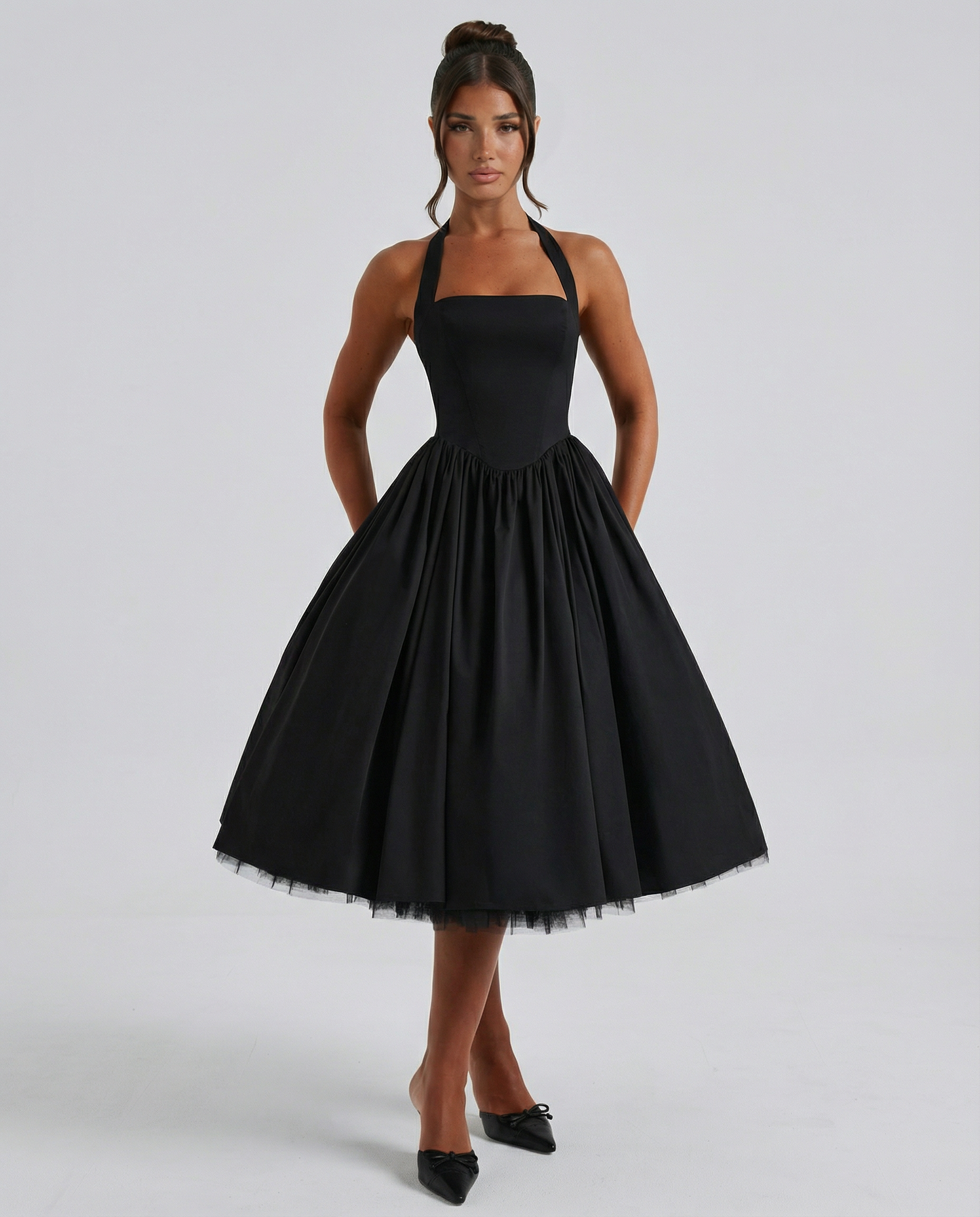 Women's Halter Neck Lace-Up Back Midi Dress