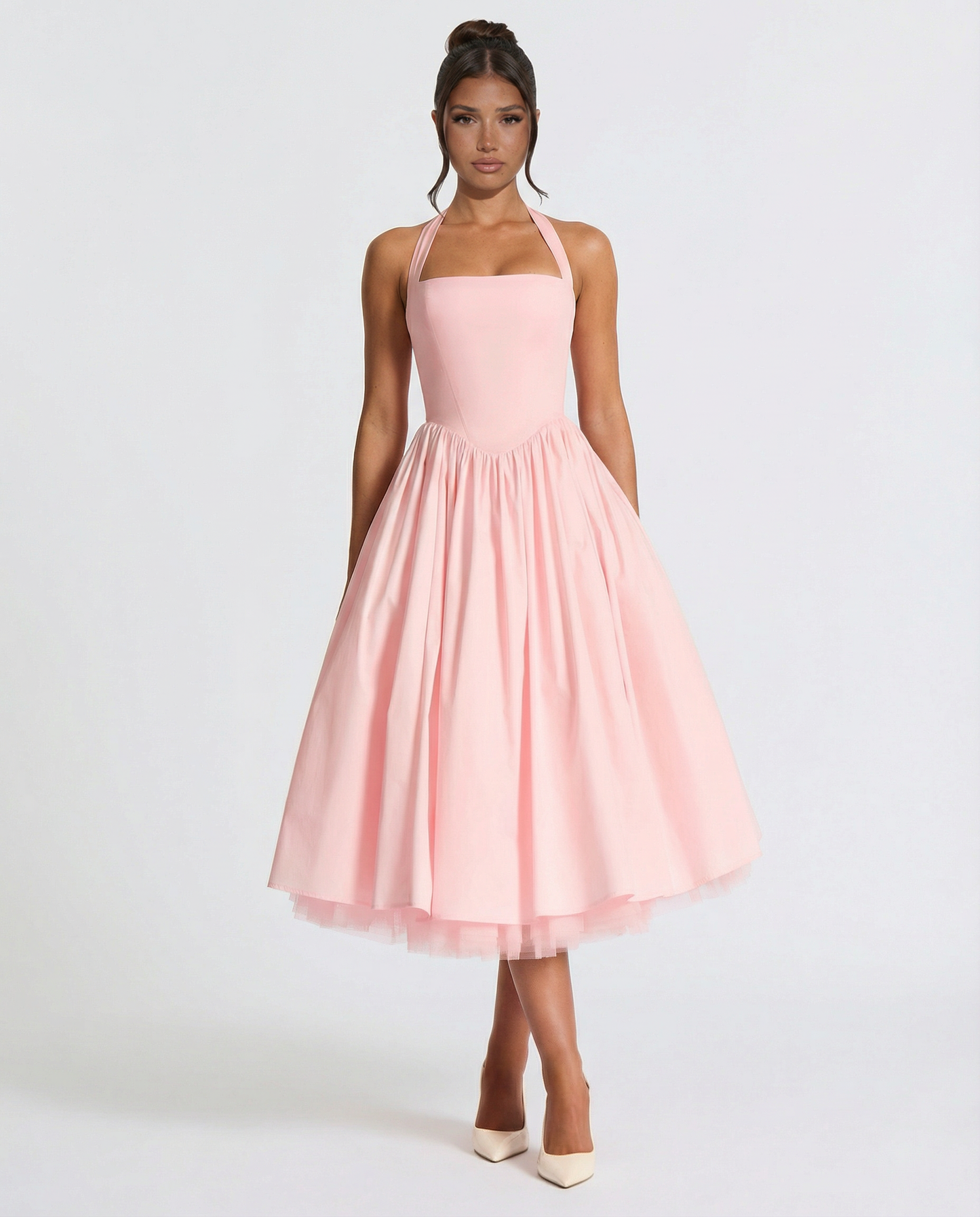 Women's Halter Neck Lace-Up Back Midi Dress
