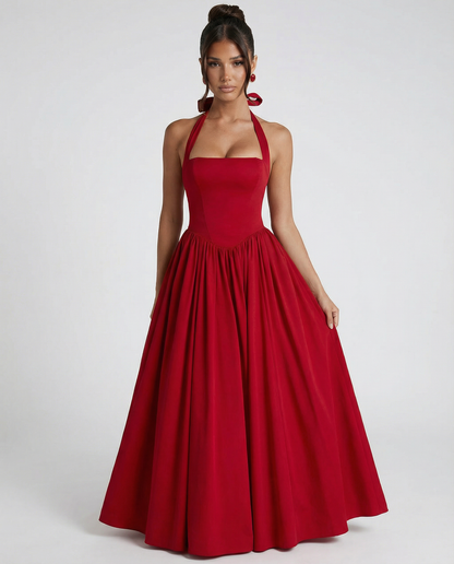 Women's Halter Neck Lace-Up Back Midi Dress