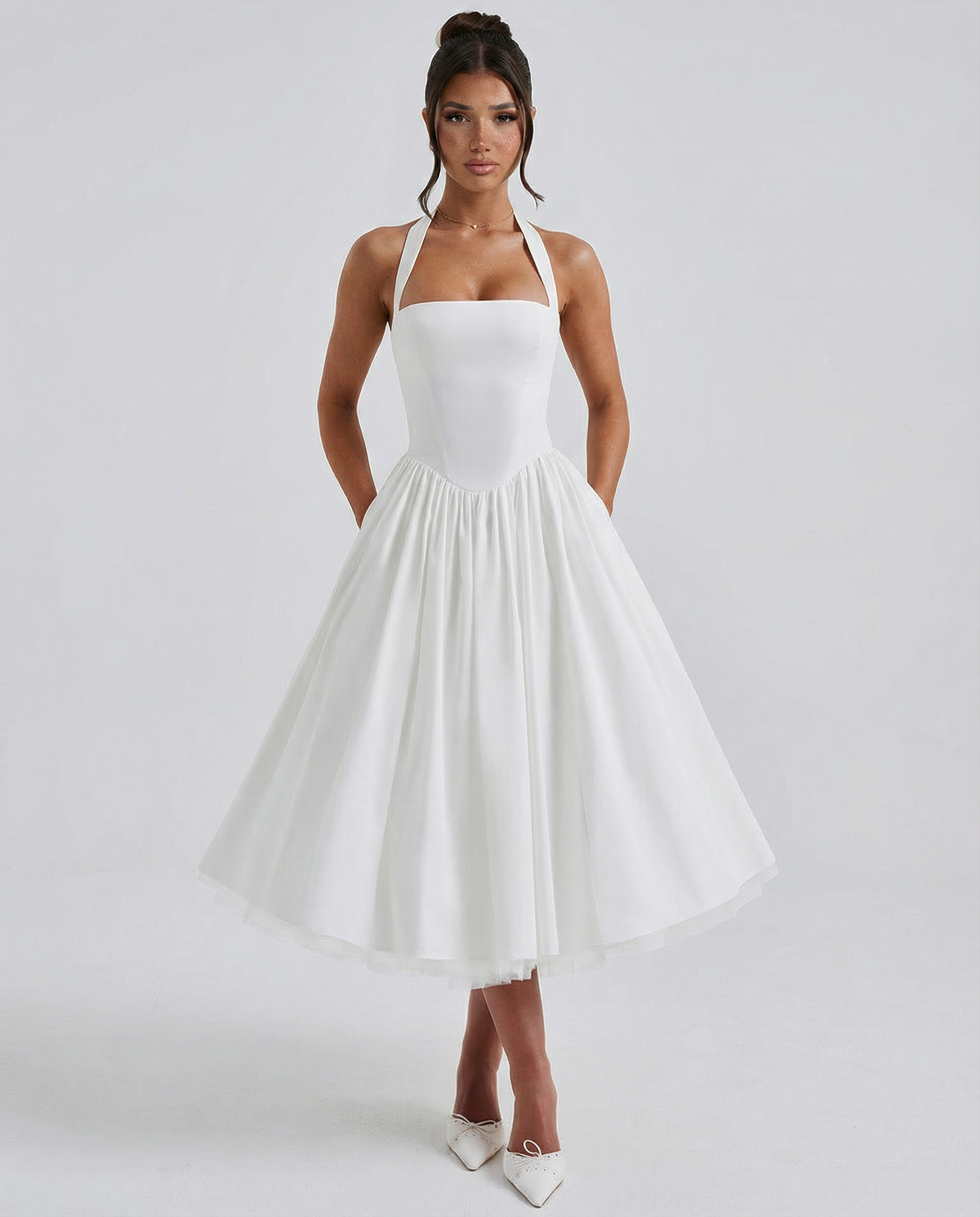 Women's Halter Neck Lace-Up Back Midi Dress