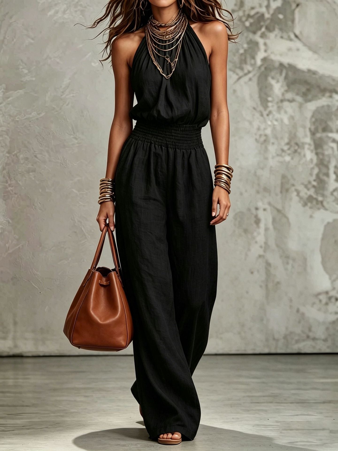 Women's Halter Neck Linen Jumpsuit With Smocked Waist