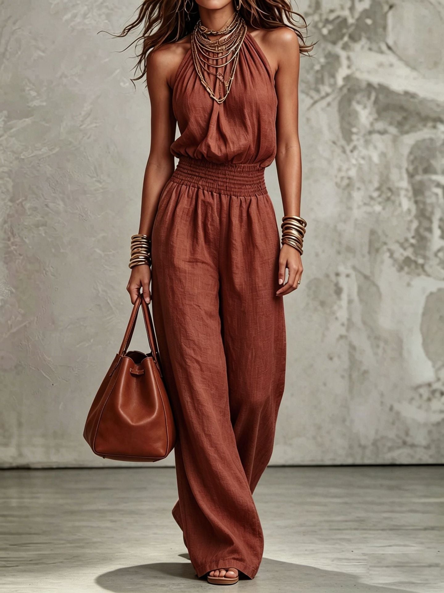 Women's Halter Neck Linen Jumpsuit With Smocked Waist