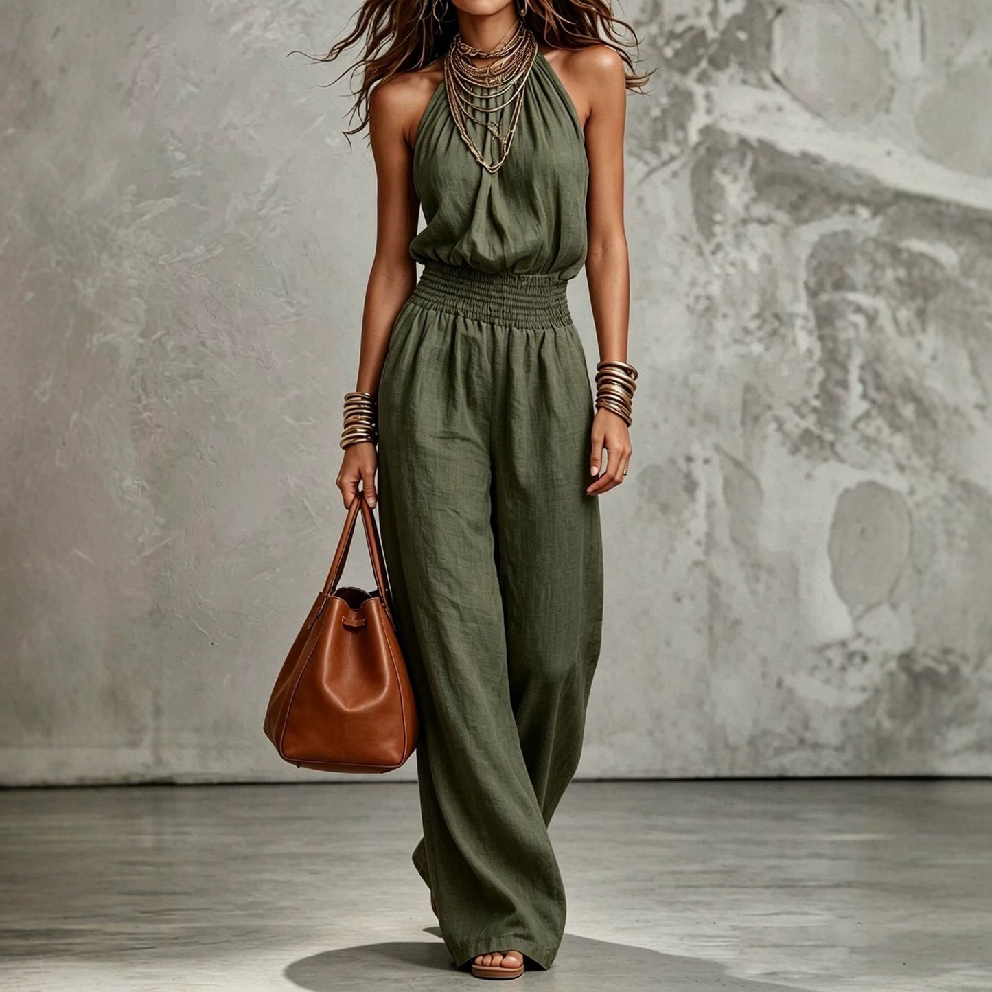 Women's Halter Neck Linen Jumpsuit With Smocked Waist