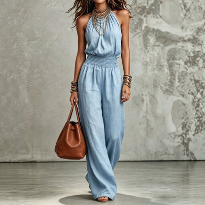 Women's Halter Neck Linen Jumpsuit With Smocked Waist