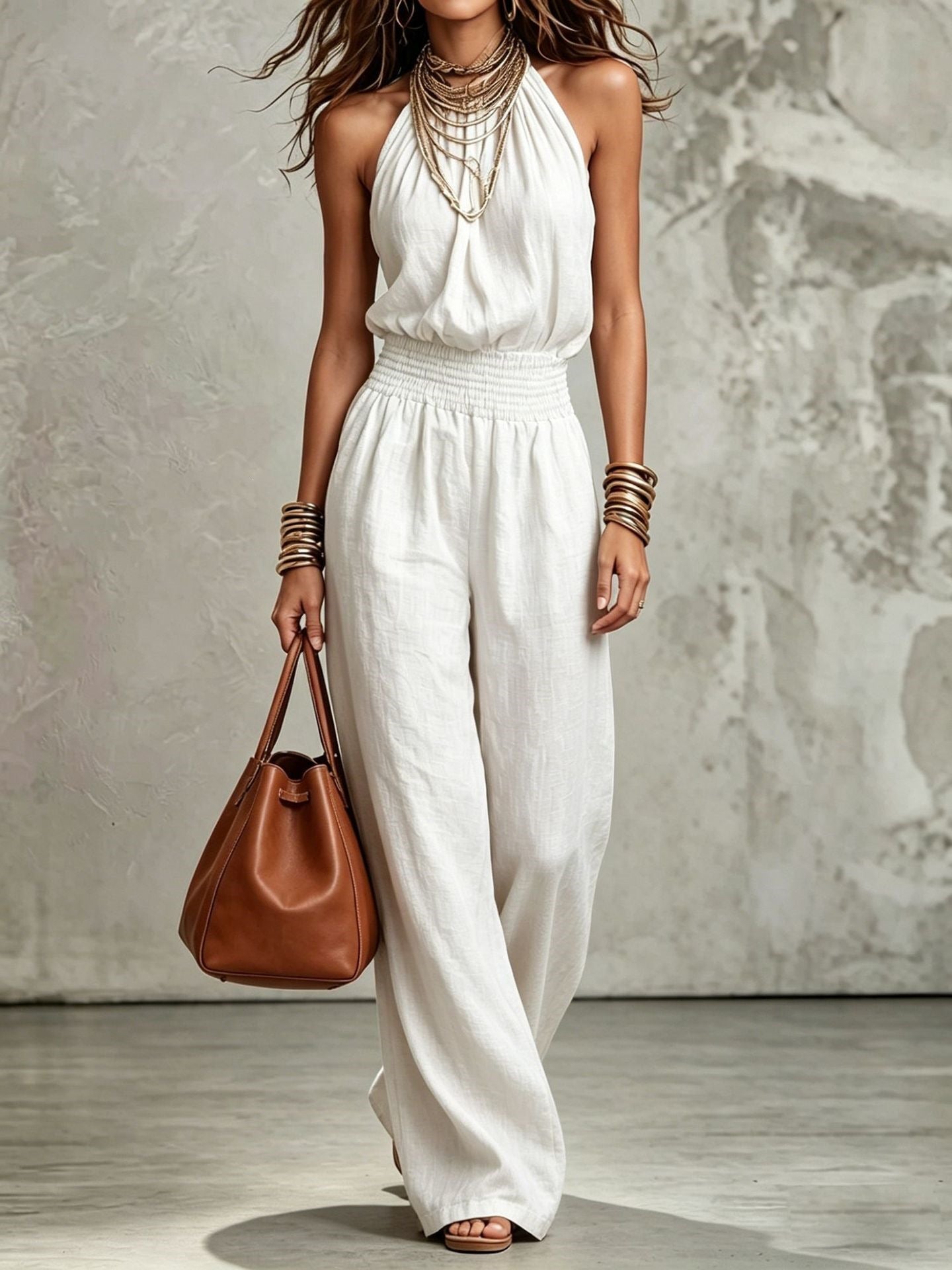 Women's Halter Neck Linen Jumpsuit With Smocked Waist